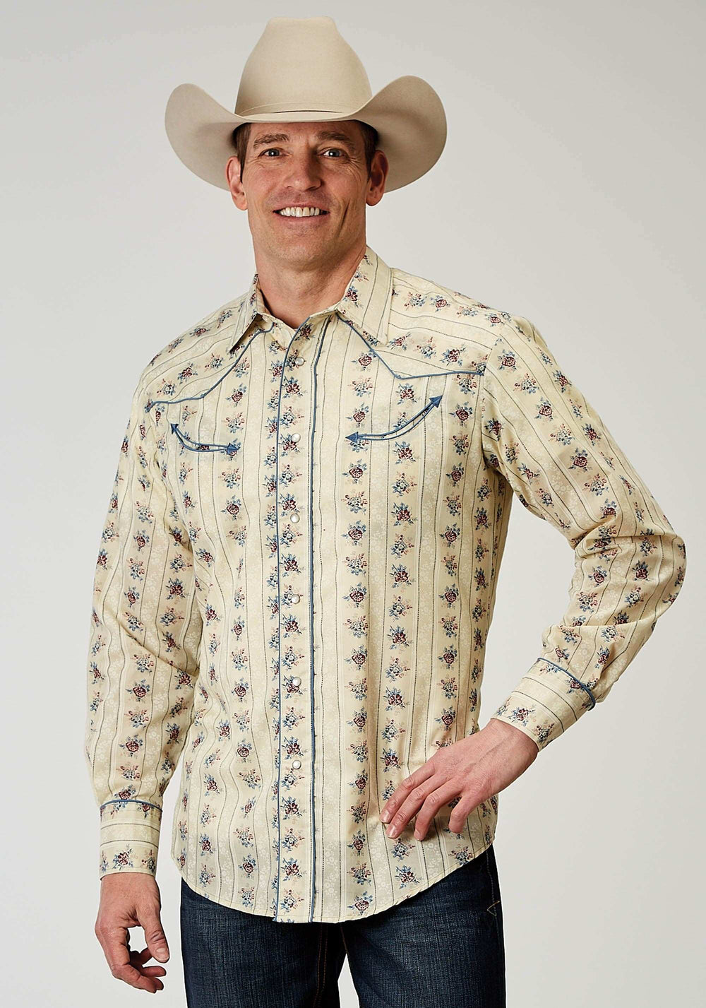 Roper Mens Long Sleeve Snap Floral Stripe Western Shirt With Solid Piping On Front And Back Yokes Smile Pockets - Roper - Flyclothing LLC