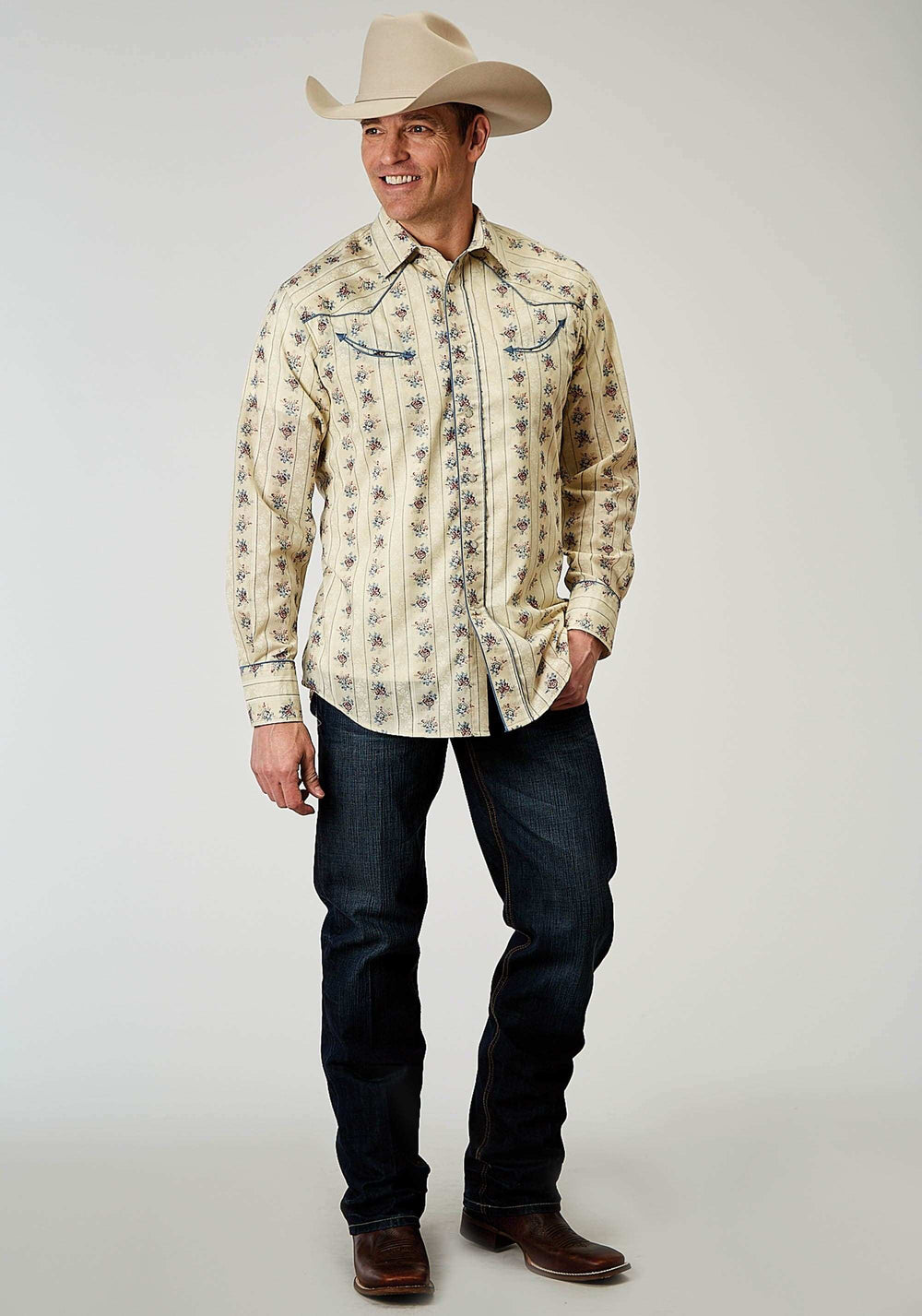Roper Mens Long Sleeve Snap Floral Stripe Western Shirt With Solid Piping On Front And Back Yokes Smile Pockets - Roper - Flyclothing LLC