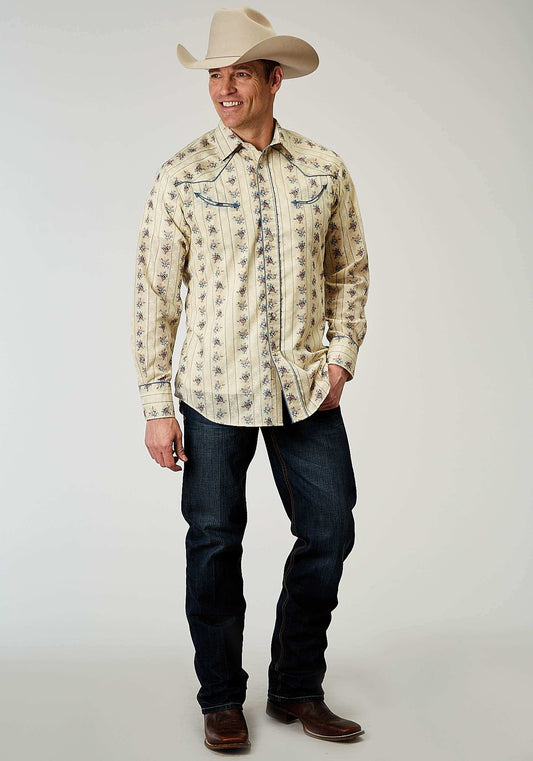 Roper Mens Long Sleeve Snap Floral Stripe Western Shirt With Solid Piping On Front And Back Yokes Smile Pockets - Roper - Flyclothing LLC