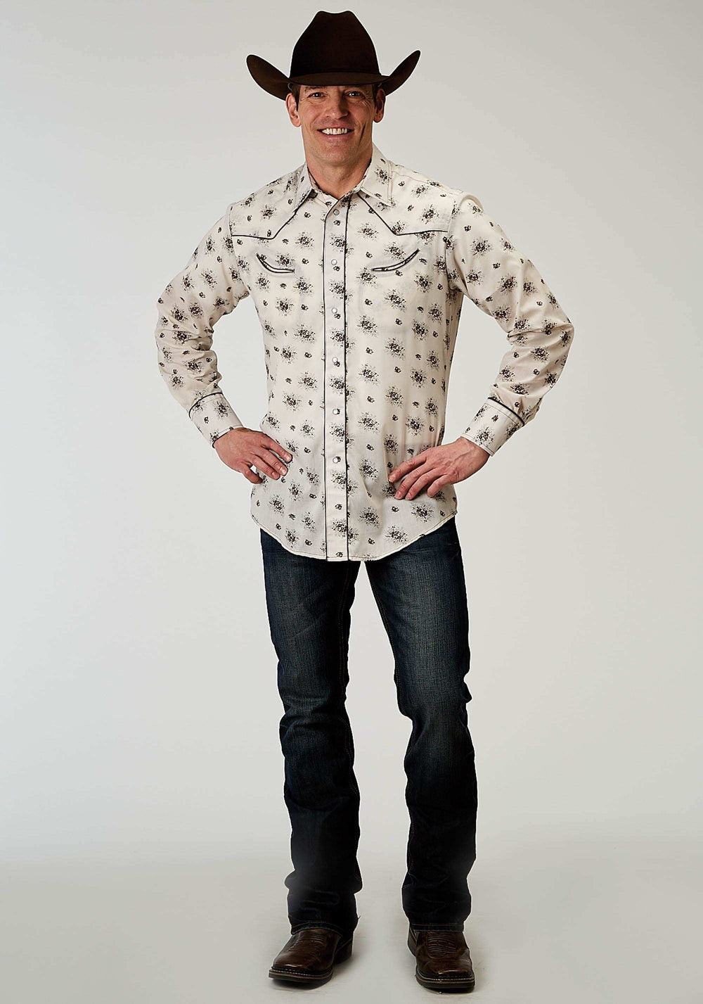Roper Mens Long Sleeve Snap Vintage Floral Western Shirt With Solid Piping On Front And Back Yokes Smile Pockets - Roper - Flyclothing LLC