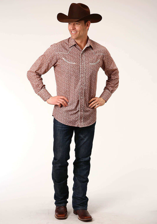 Roper Mens Long Sleeve Snap Red And Cream Vintage Floral Print Western Shirt - Roper - Flyclothing LLC