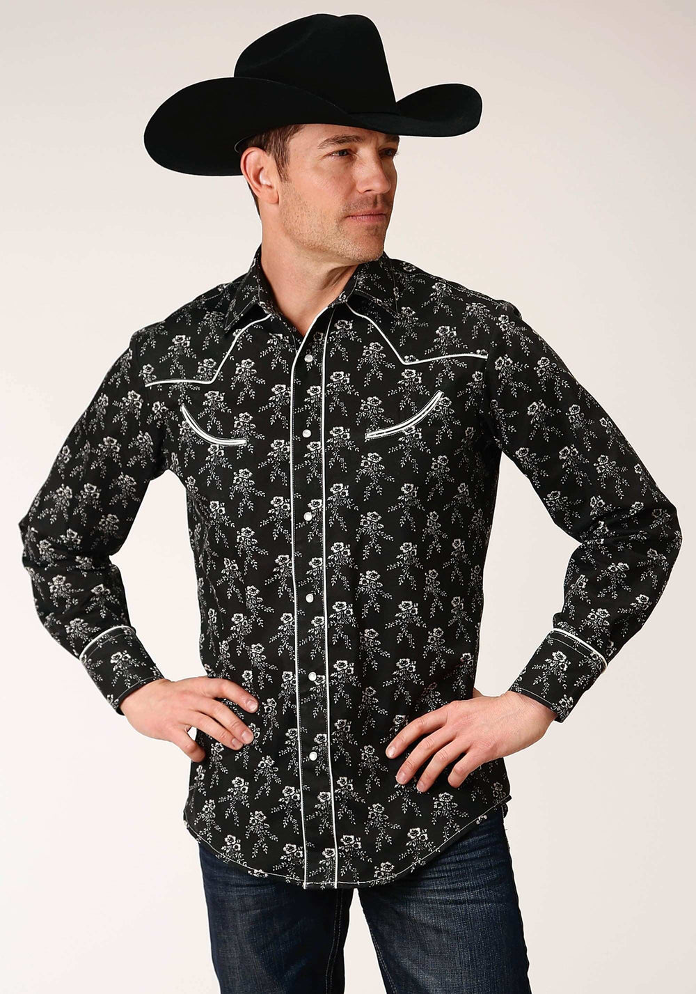 Roper Mens Long Sleeve Snap Black And Cream Floral Print Western Shirt - Roper - Flyclothing LLC