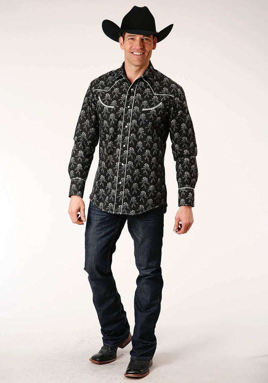 Roper Mens Long Sleeve Snap Black And Cream Floral Print Western Shirt - Roper - Flyclothing LLC