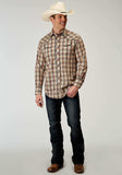 Roper Mens Long Sleeve Snap Brown Plaid Western Shirt With Solid Piping On Front And Back Yokes Smile Pockets - Roper - Flyclothing LLC