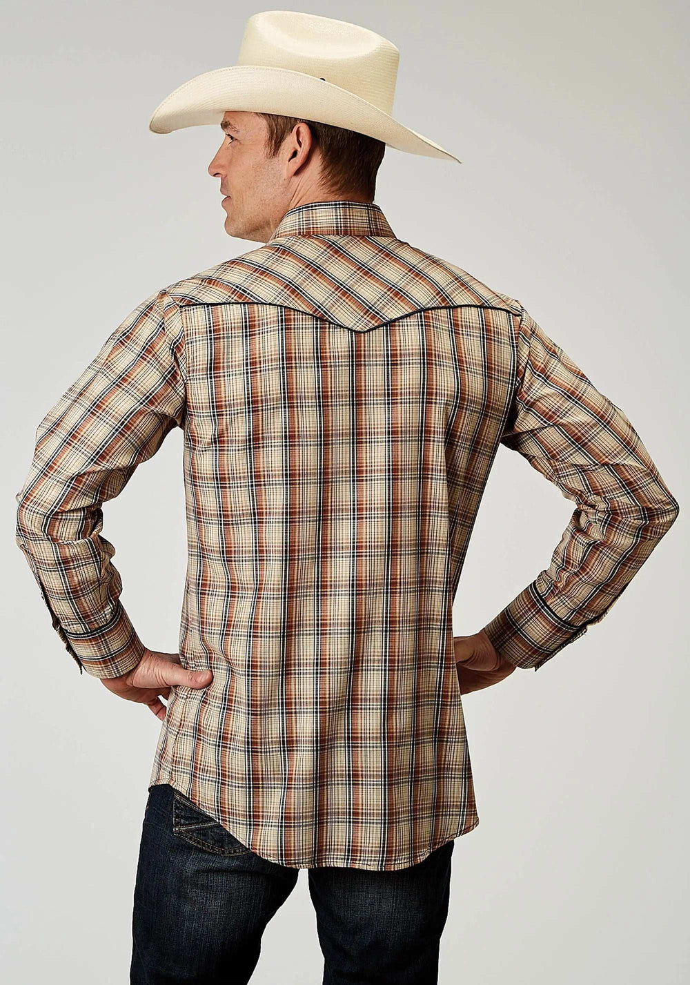 Roper Mens Long Sleeve Snap Brown Plaid Western Shirt With Solid Piping On Front And Back Yokes Smile Pockets - Roper - Flyclothing LLC