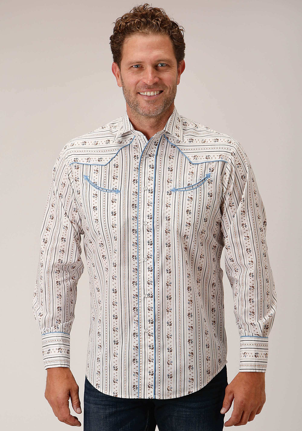 Roper Mens Long Sleeve Snap Brown And Blue Wallpaper Stripe Western Shirt - Roper - Flyclothing LLC