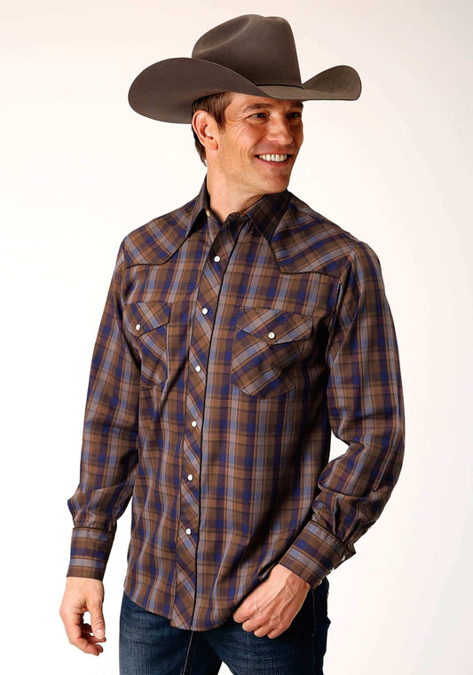 Roper Mens Long Sleeve Snap Blue Camel Brown Plaid Western Shirt With Contrast Solid Piping And Pockets - Roper - Flyclothing LLC