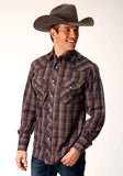Roper Mens Long Sleeve Snap Blue Camel Brown Plaid Western Shirt With Contrast Solid Piping And Pockets - Roper - Flyclothing LLC
