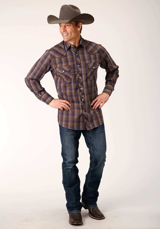 Roper Mens Long Sleeve Snap Blue Camel Brown Plaid Western Shirt With Contrast Solid Piping And Pockets - Roper - Flyclothing LLC