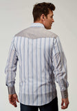 Roper Mens Long Sleeve Snap Blue Stripe Western Shirt With Piping Solid Yokes Smile Pockets - Roper - Flyclothing LLC