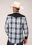 Roper Mens Long Sleeve Snap Peacock Bu Brown Black Wh Plaid Western Shirt With Solid Yokes And Piping - Roper - Flyclothing LLC