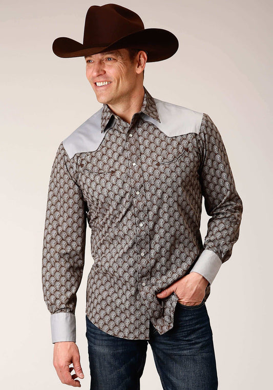 Roper Mens Long Sleeve Snap Chocolate And Cream Teardrop Print Western Shirt - Roper - Flyclothing LLC