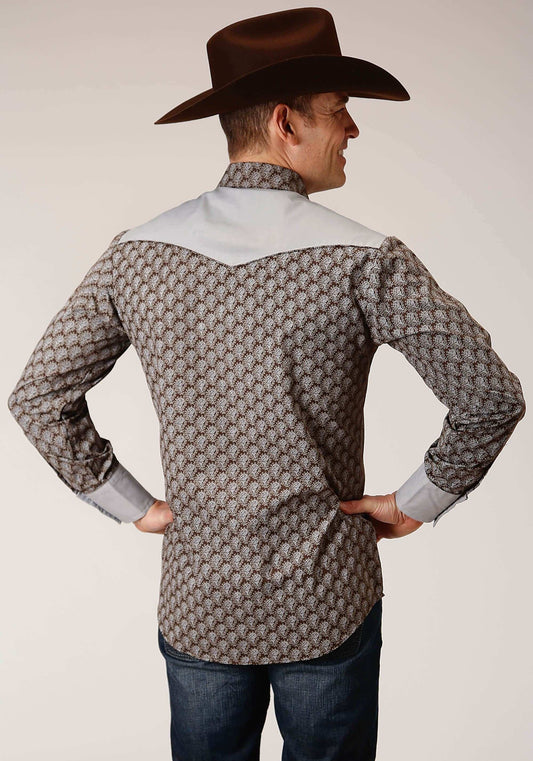 Roper Mens Long Sleeve Snap Chocolate And Cream Teardrop Print Western Shirt - Roper - Flyclothing LLC