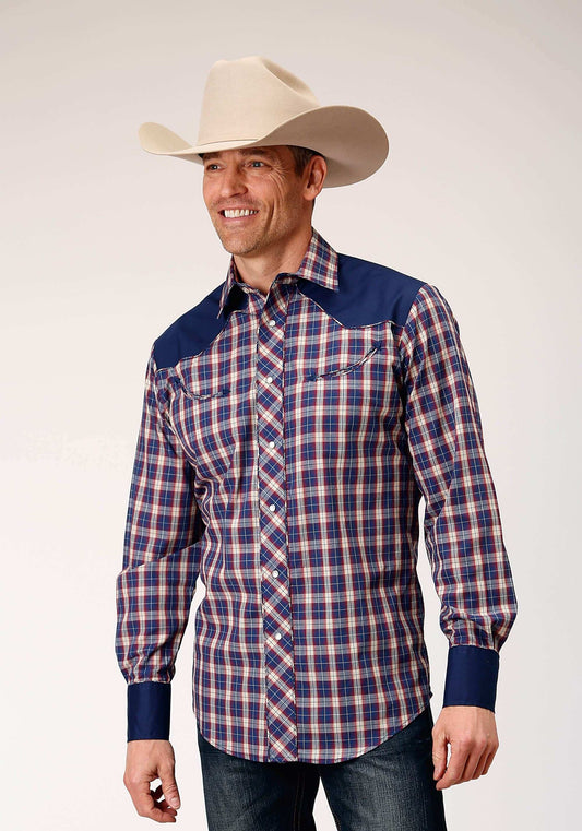 Roper Mens Long Sleeve Snap Navy Red Cream Plaid Western Shirt With Solid Yokes And Smile Pockets - Roper - Flyclothing LLC