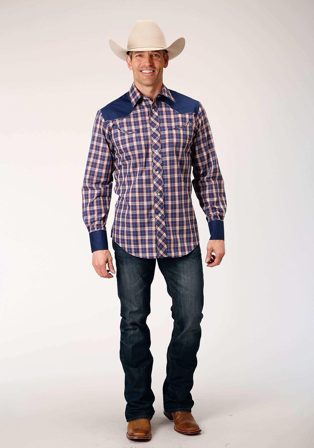 Roper Mens Long Sleeve Snap Navy Red Cream Plaid Western Shirt With Solid Yokes And Smile Pockets - Roper - Flyclothing LLC