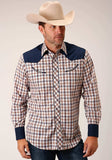 Roper Mens Long Sleeve Snap Navy Gold Rust Windowpane Plaid Western Shirt - Roper - Flyclothing LLC