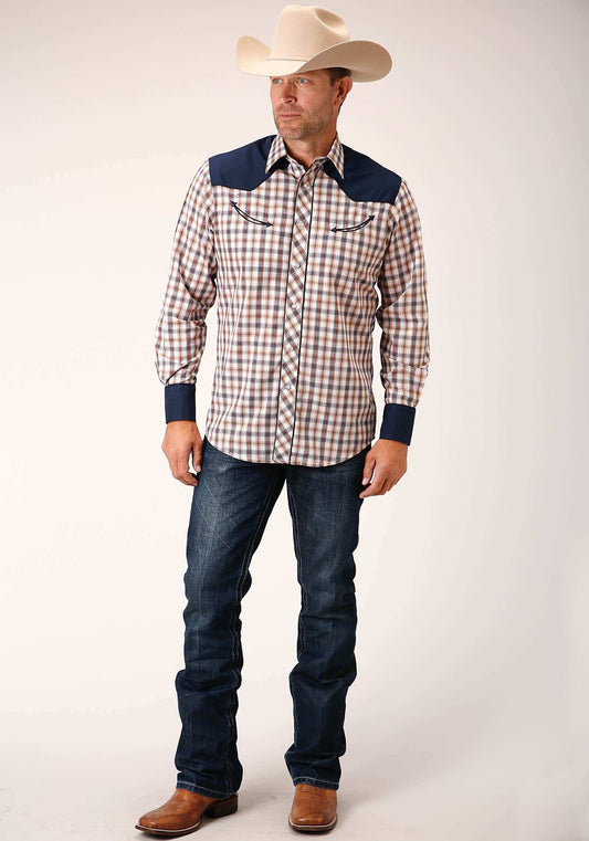 Roper Mens Long Sleeve Snap Navy Gold Rust Windowpane Plaid Western Shirt - Roper - Flyclothing LLC