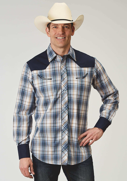 Roper Mens Long Sleeve Snap Madris Plaid Plaid Western Shirt With Piping Solid Yokes Smile Pockets - Roper - Flyclothing LLC