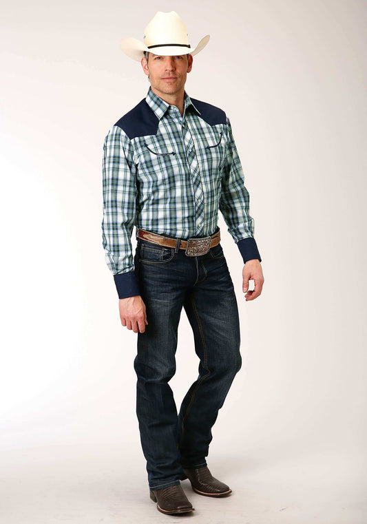Roper Mens Long Sleeve Snap Olive Blue Cream Plaid Western Shirt - Roper - Flyclothing LLC
