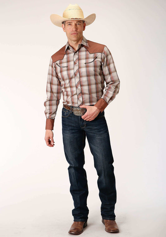 Roper Mens Long Sleeve Snap Tan Wine And Brown Plaid Western Shirt - Roper - Flyclothing LLC