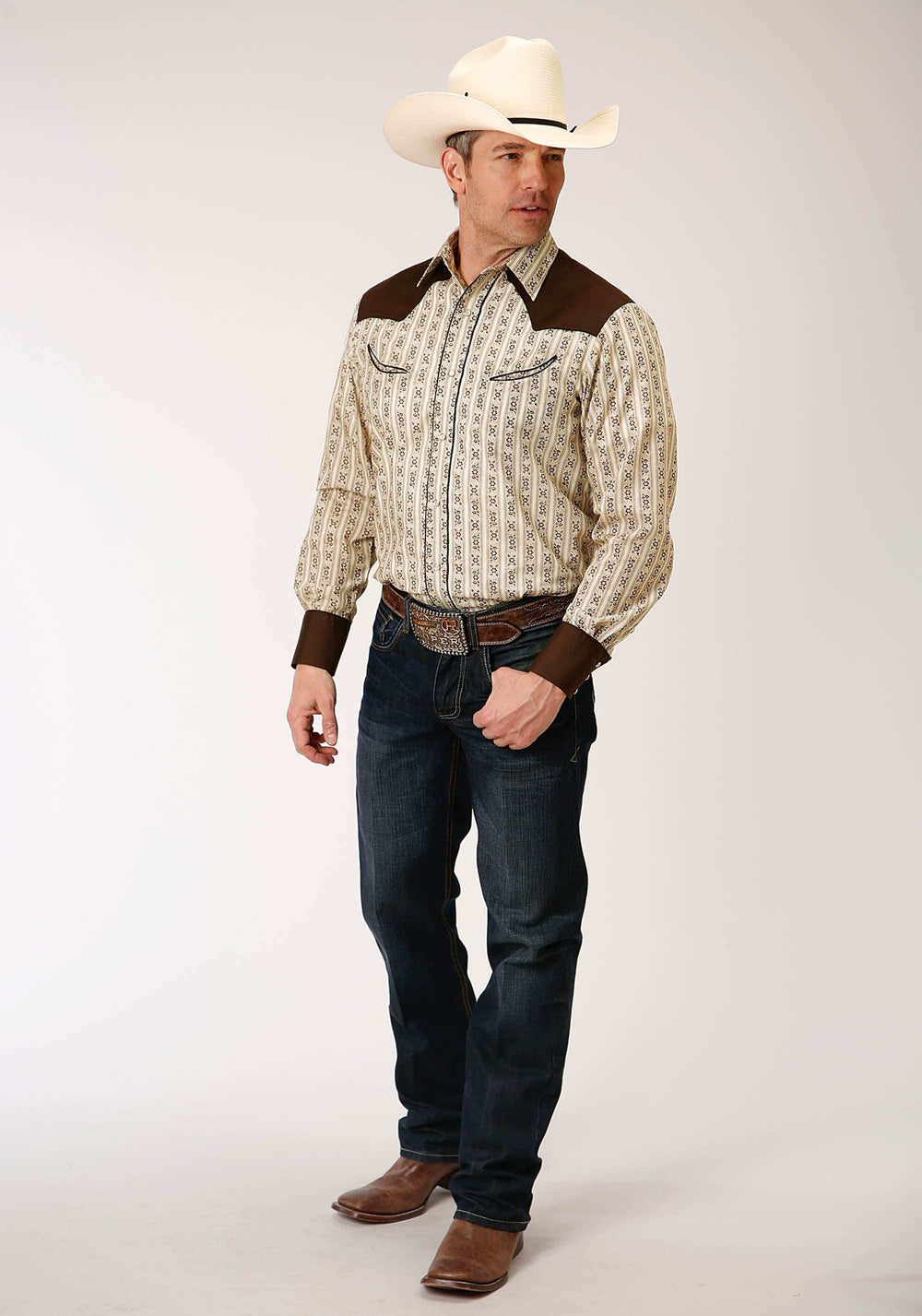 Roper Mens Long Sleeve Snap Cream And Brown Wallpaper Stripe Western Shirt - Roper - Flyclothing LLC