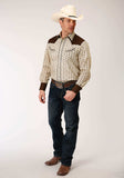 Roper Mens Long Sleeve Snap Cream And Brown Wallpaper Stripe Western Shirt - Roper - Flyclothing LLC