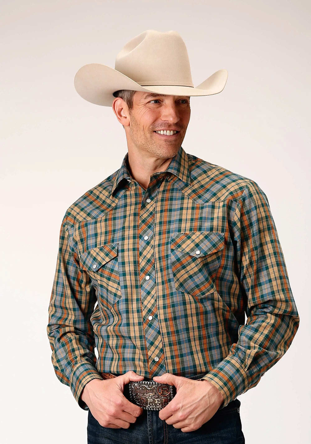 Roper Mens Long Sleeve Snap Green Rust Tan Small Scale Plaid Western Shirt - Roper - Flyclothing LLC