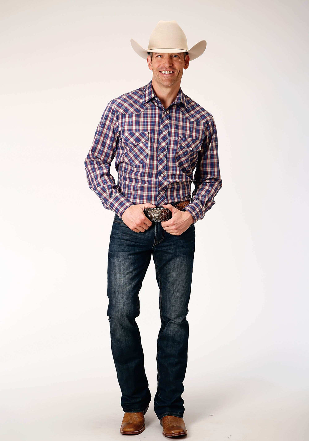 Roper Mens Long Sleeve Snap Navy Red Cream Windowpane Plaid Western Shirt - Roper - Flyclothing LLC