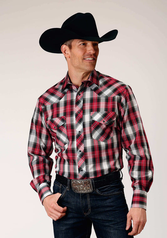 Roper Mens Long Sleeve Snap Red Black Grey Plaid Western Shirt - Roper - Flyclothing LLC