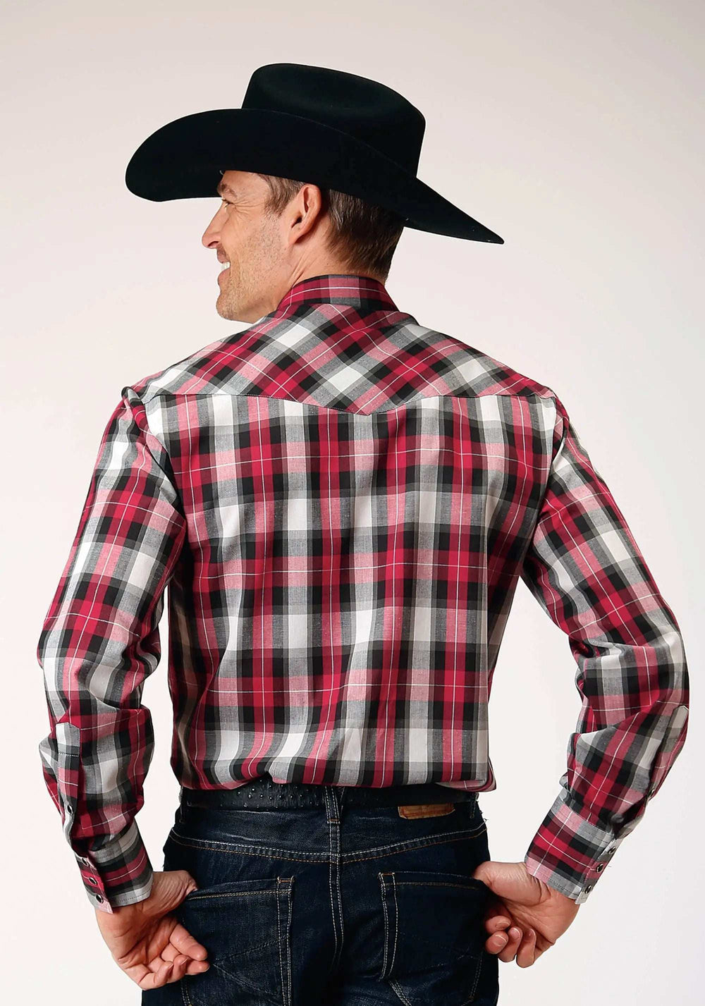 Roper Mens Long Sleeve Snap Red Black Grey Plaid Western Shirt - Roper - Flyclothing LLC