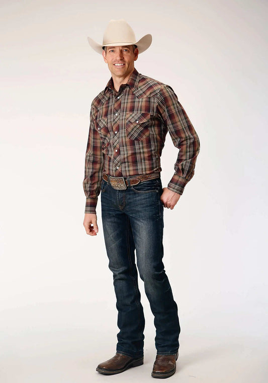 Roper Mens Long Sleeve Snap Multi Brown Black Green Plaid Western Shirt - Roper - Flyclothing LLC