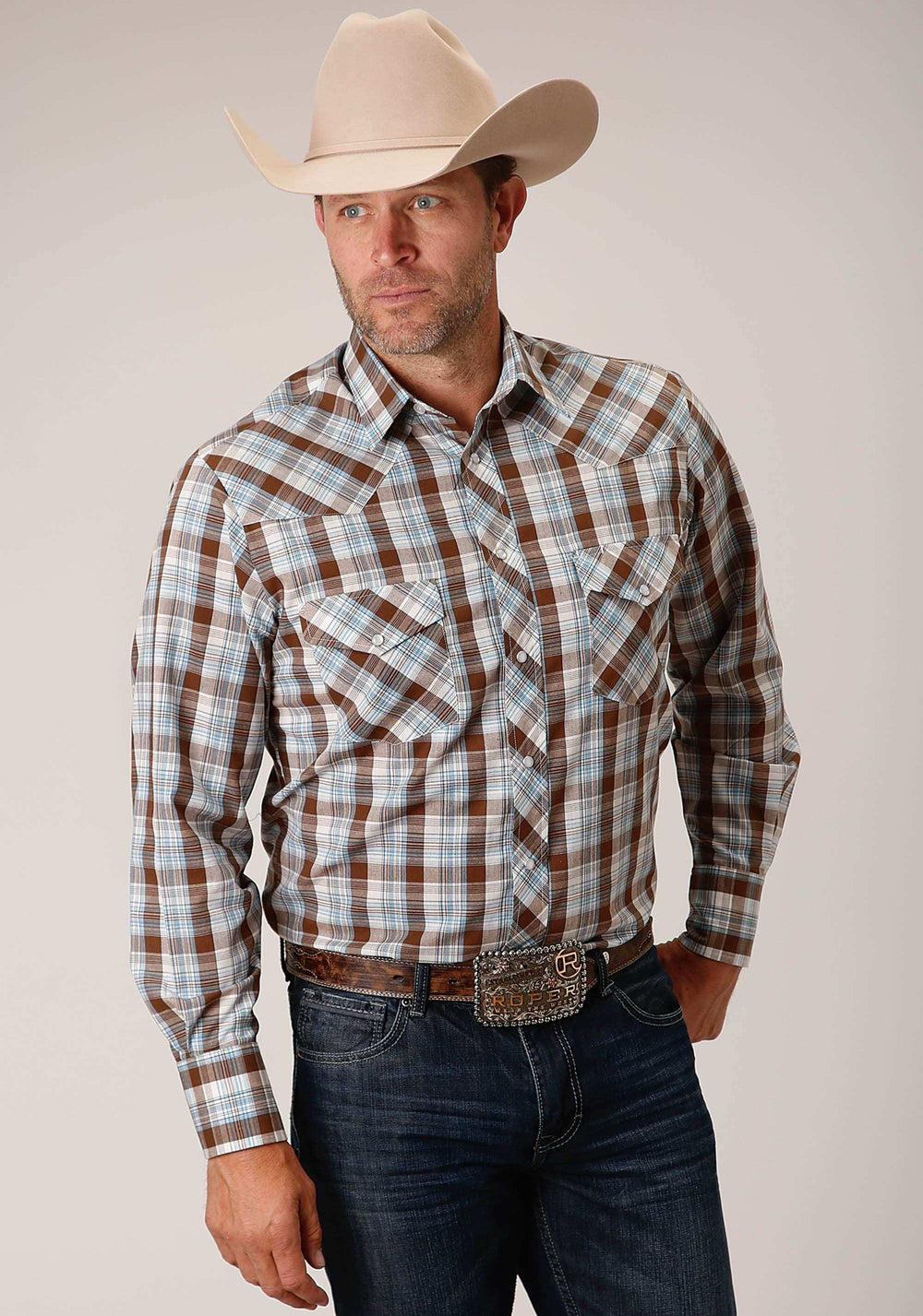 Roper Mens Long Sleeve Snap Brown Blue And White Plaid Western Shirt - Roper - Flyclothing LLC