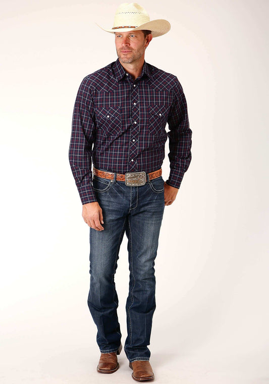 Roper Mens Long Sleeve Snap Navy Red White Windowpane Plaid Western Shirt - Roper - Flyclothing LLC