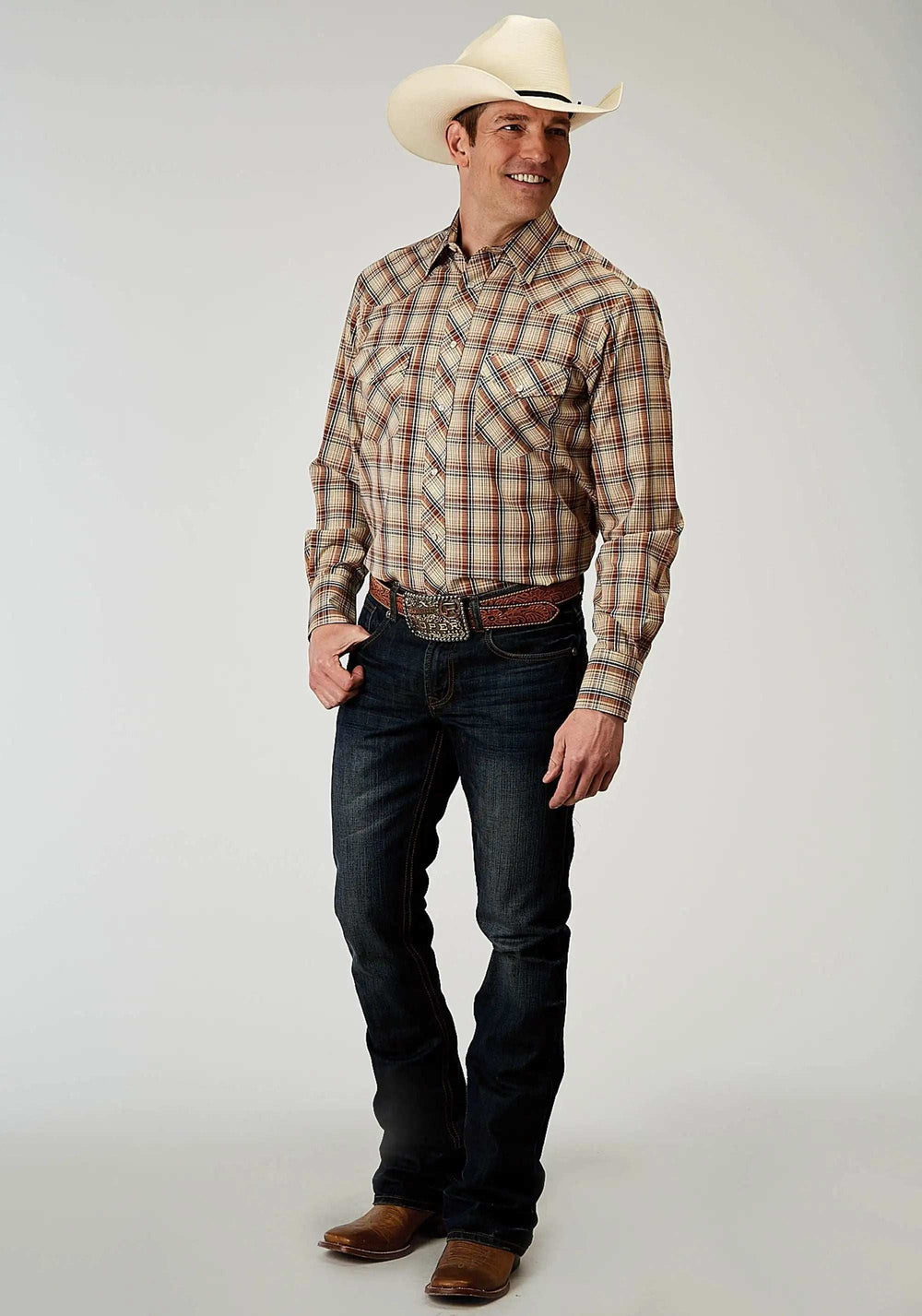 Roper Mens Long Sleeve Snap Brown Plaid Western Shirt - Roper - Flyclothing LLC