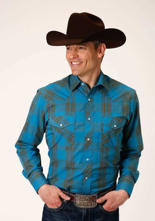 Roper Mens Long Sleeve Snap Peacock Blue And Olive Western Shirt - Roper - Flyclothing LLC