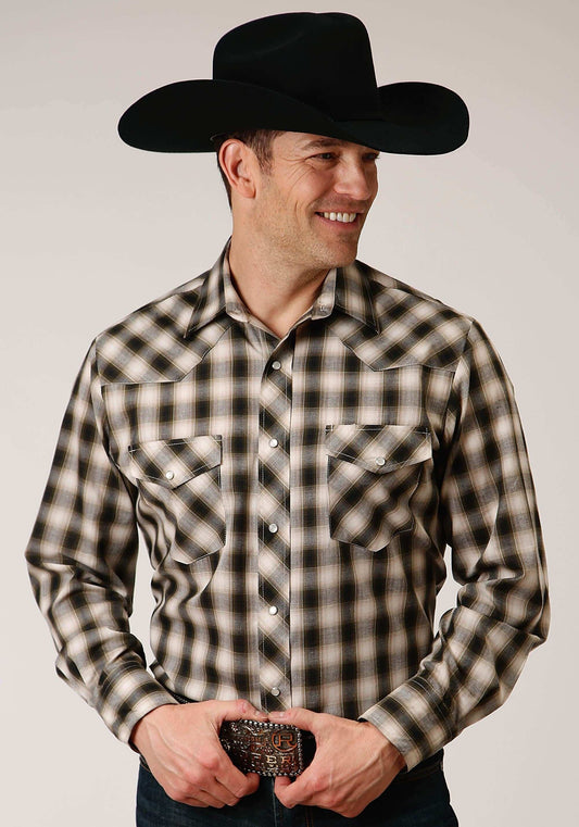 Roper Mens Long Sleeve Snap Black Cream And Olive Plaid Western Shirt - Roper - Flyclothing LLC