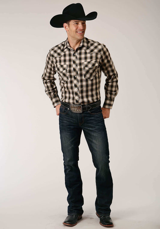 Roper Mens Long Sleeve Snap Black Cream And Olive Plaid Western Shirt - Roper - Flyclothing LLC