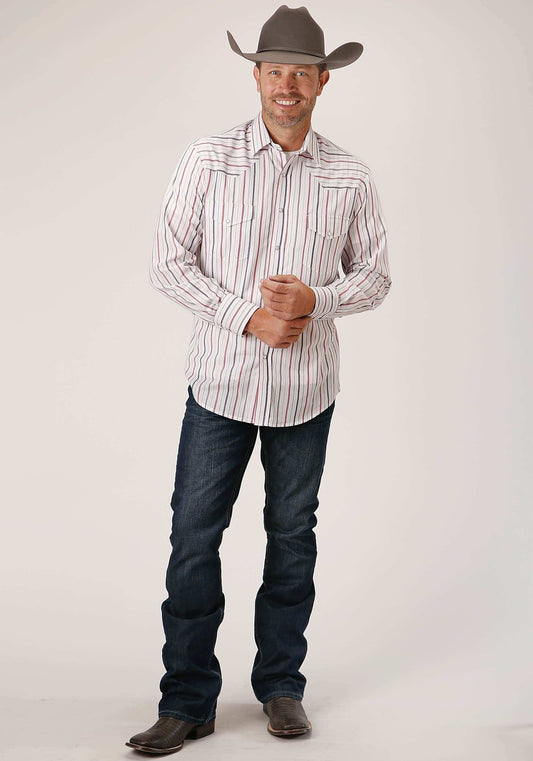 Roper Mens Long Sleeve Snap Navy Red Grey Stripe Western Shirt - Roper - Flyclothing LLC