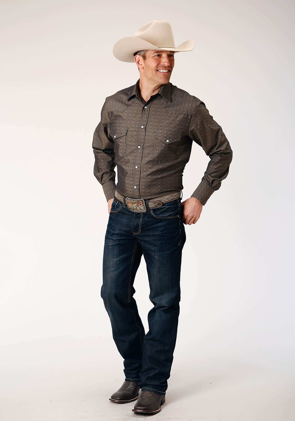 Roper Mens Long Sleeve Snap Grey Floral Stripe Tone On Tone Western Shirt - Roper - Flyclothing LLC