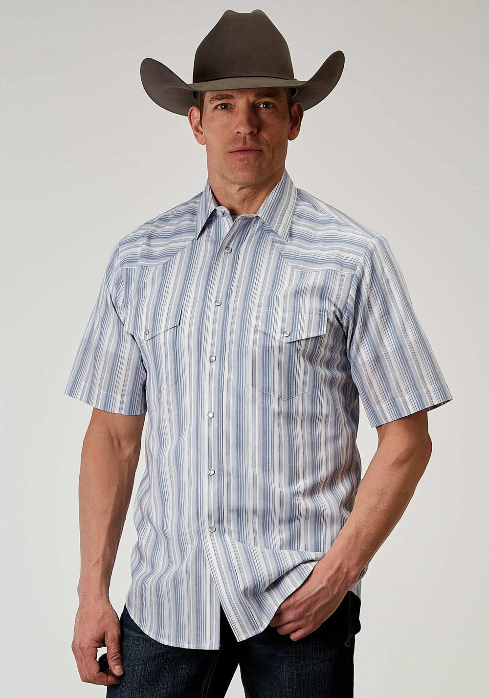 Roper Mens Short Sleeve Snap Blue Stripe Western Shirt - Roper - Flyclothing LLC