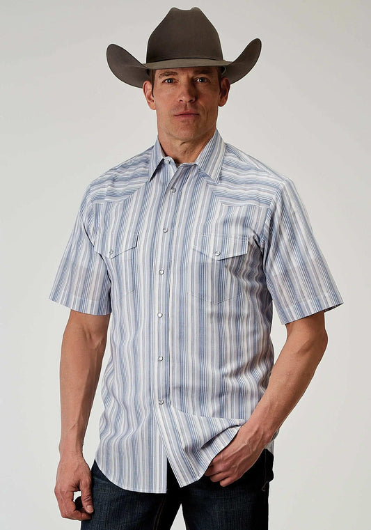Roper Mens Short Sleeve Snap Blue Stripe Western Shirt - Roper - Flyclothing LLC