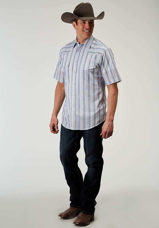 Roper Mens Short Sleeve Snap Blue Stripe Western Shirt - Roper - Flyclothing LLC