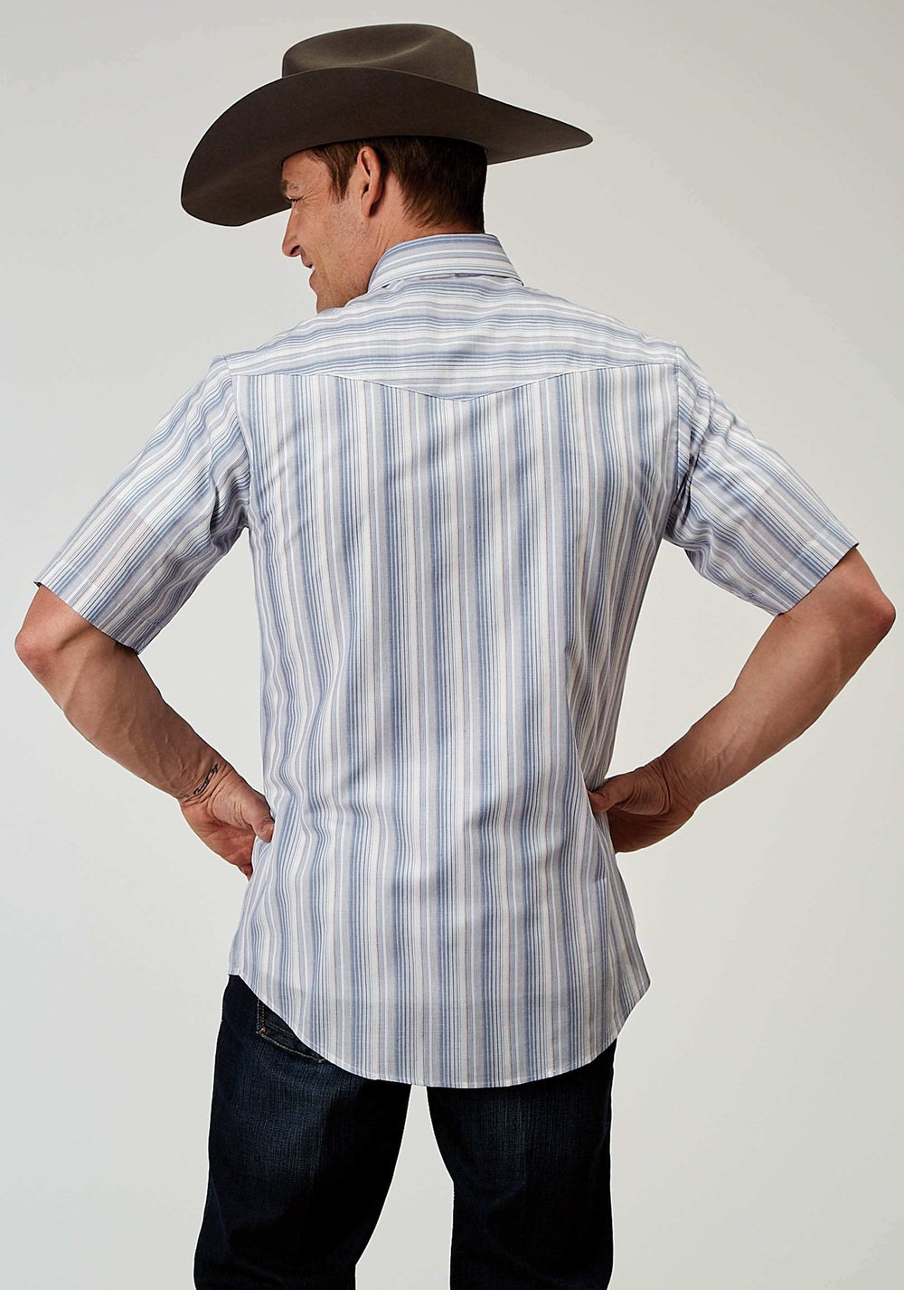 Roper Mens Short Sleeve Snap Blue Stripe Western Shirt - Roper - Flyclothing LLC