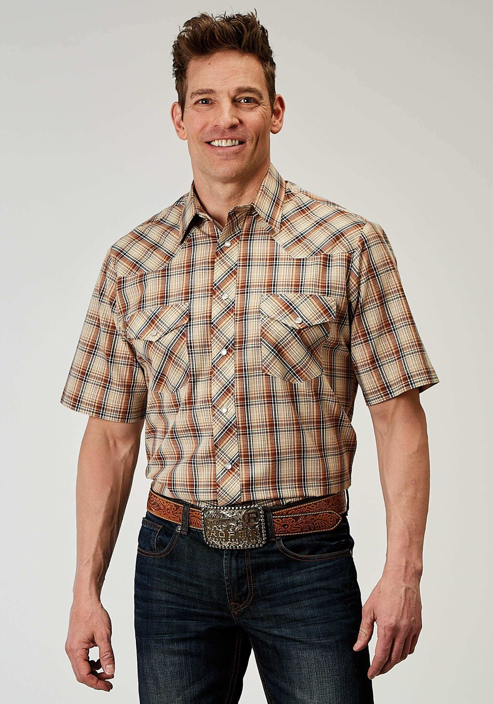 Roper Mens Short Sleeve Snap Brown Plaid Western Shirt - Roper - Flyclothing LLC
