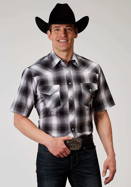 Roper Mens Short Sleeve Snap Black And White Plaid Western Shirt - Roper - Flyclothing LLC