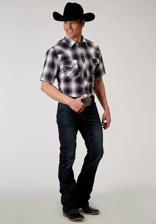 Roper Mens Short Sleeve Snap Black And White Plaid Western Shirt - Roper - Flyclothing LLC