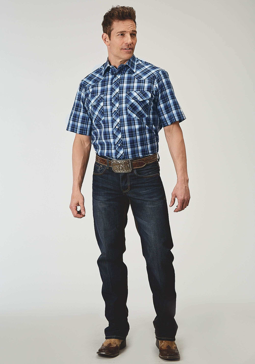 Roper Mens Short Sleeve Snap Midnight Plaid Western Shirt - Roper - Flyclothing LLC