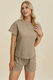 Double Take Full Size Texture Short Sleeve Top and Shorts Set - Trendsi - Flyclothing LLC