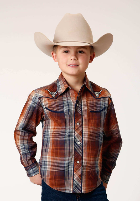 Roper Boys Long Sleeve Snap Brown Navy Cream Plaid Western Shirt With Piping And Embroidery On Yokes - Roper - Flyclothing LLC
