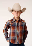 Roper Boys Long Sleeve Snap Brown Navy Cream Plaid Western Shirt With Piping And Embroidery On Yokes - Roper - Flyclothing LLC
